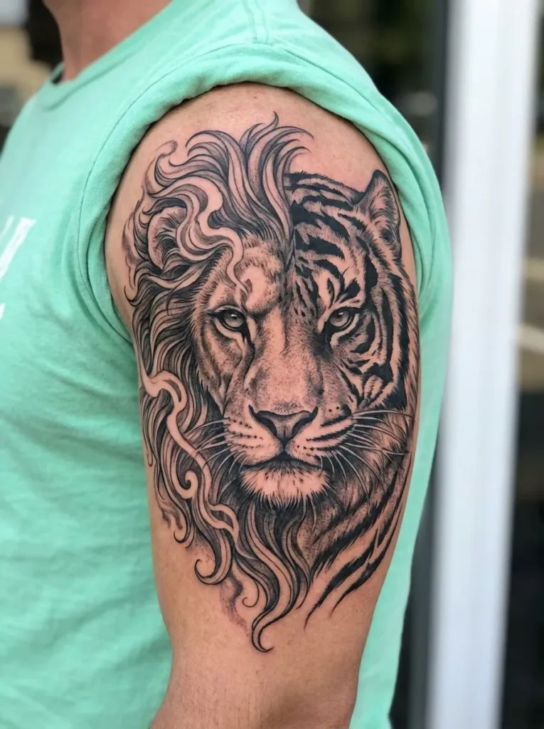 Half Lion Half Tiger with Flowing Mane and Stripes