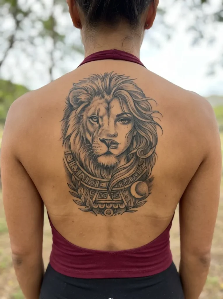 Half Lion Half Woman Back Tattoo