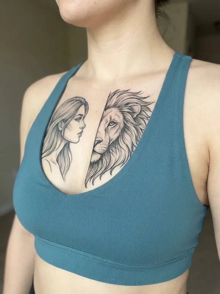 Half Lion Half Woman Chest Tattoo
