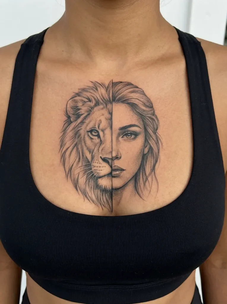 Half Lion Half Woman Face Tattoo