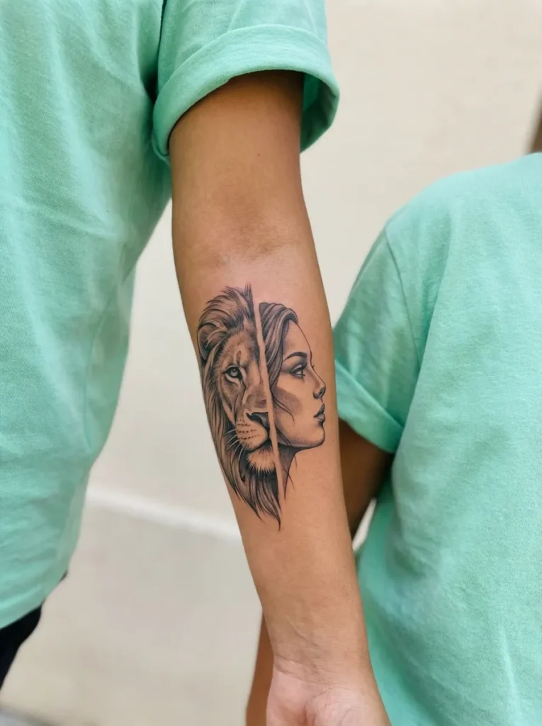 Half Lion Half Woman Forearm Tattoo