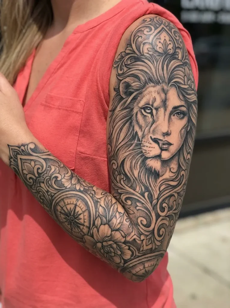 Half Lion Half Woman Sleeve Tattoo Design