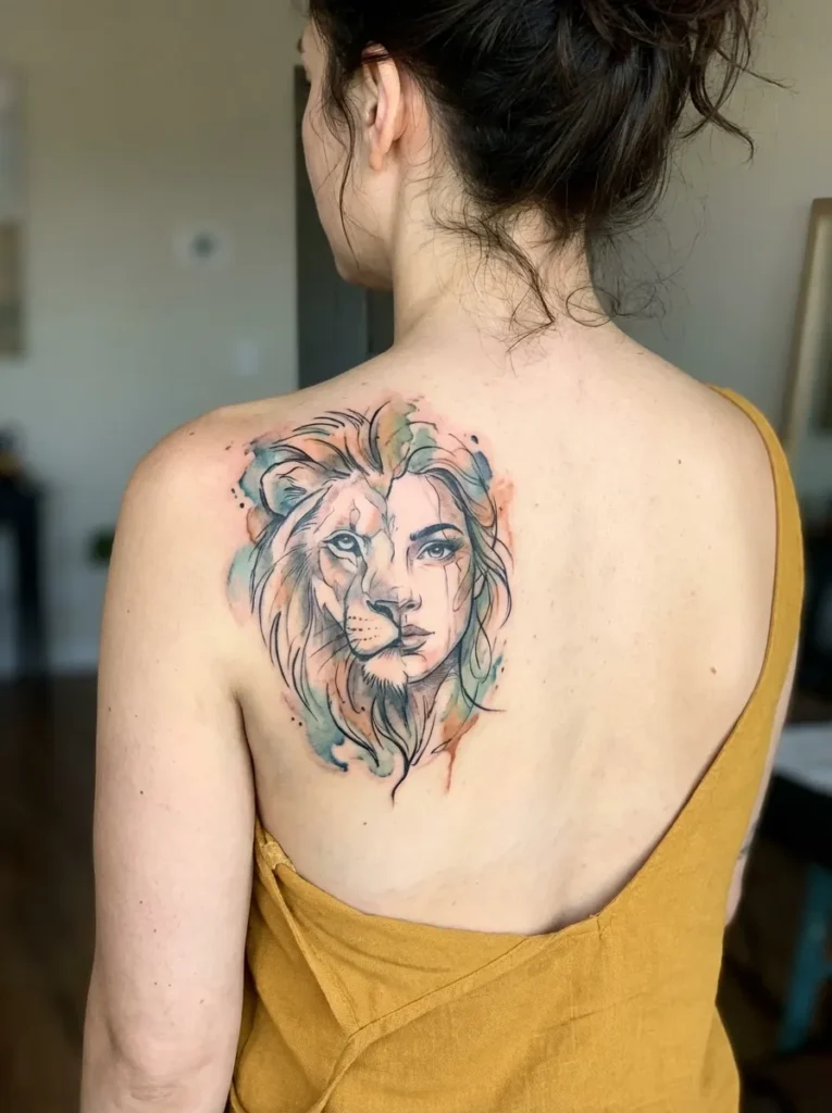 Half Lion Half Woman in Watercolor Style