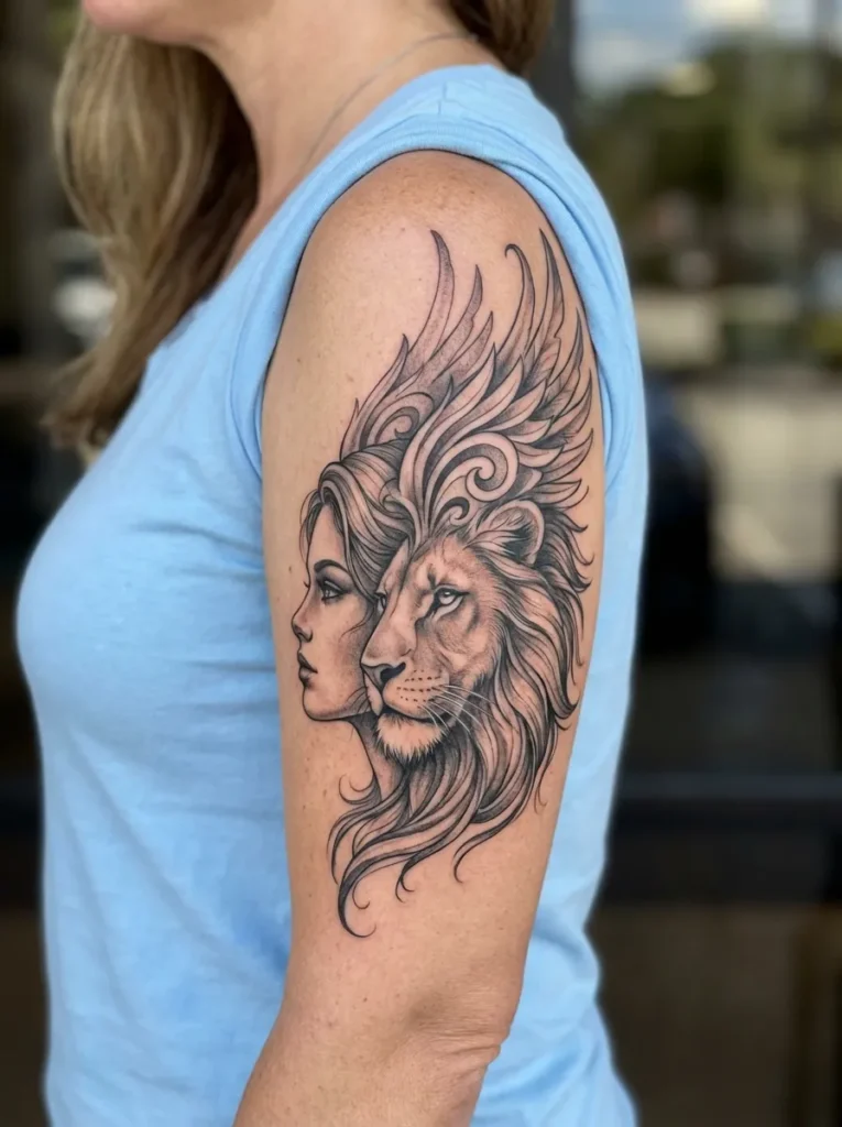 Half Lion Half Woman with Abstract Winged Design