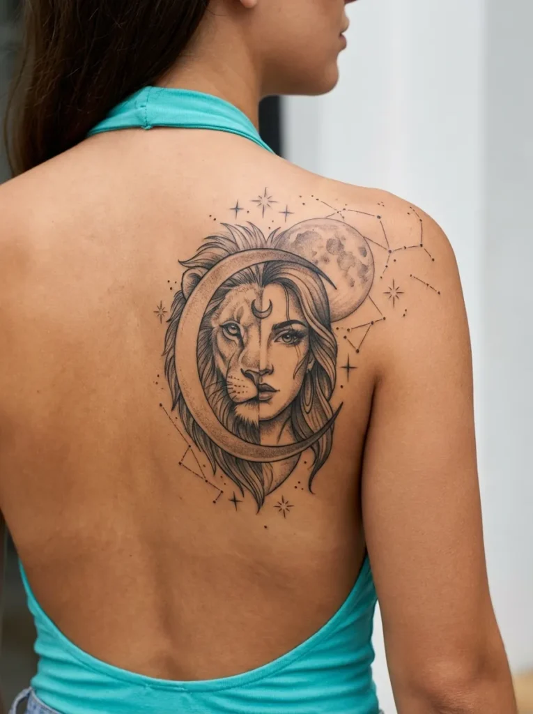 Half Lion Half Woman with Celestial Accents (Moon & Stars)