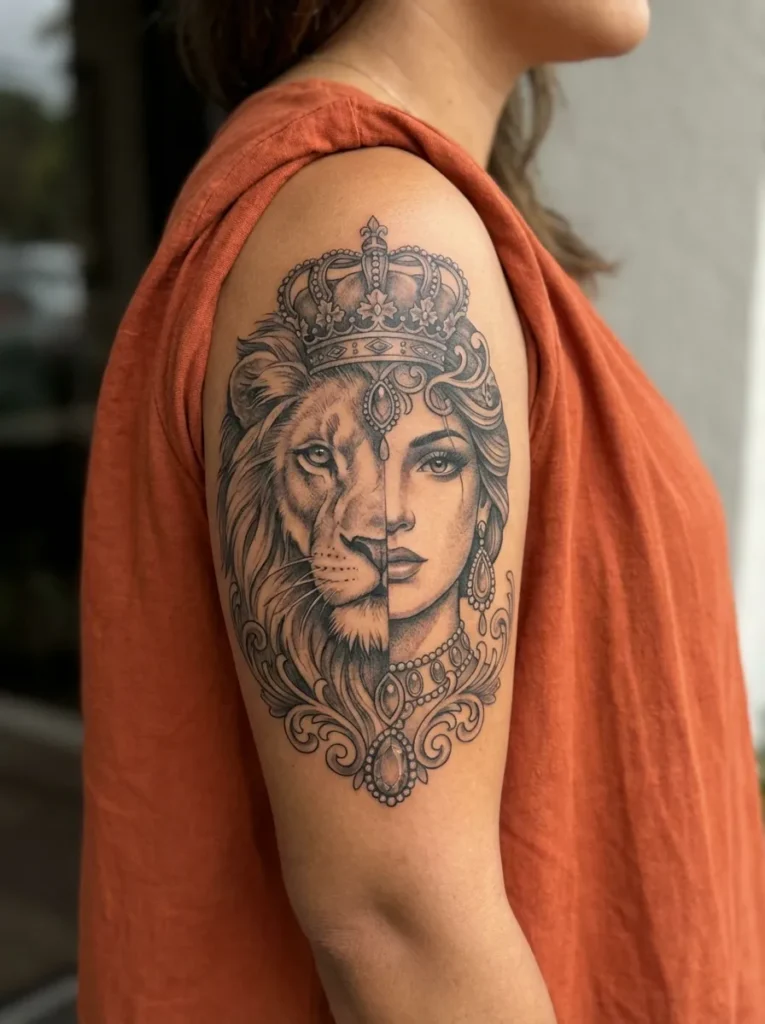 Half Lion Half Woman with Crown and Jewelry Details