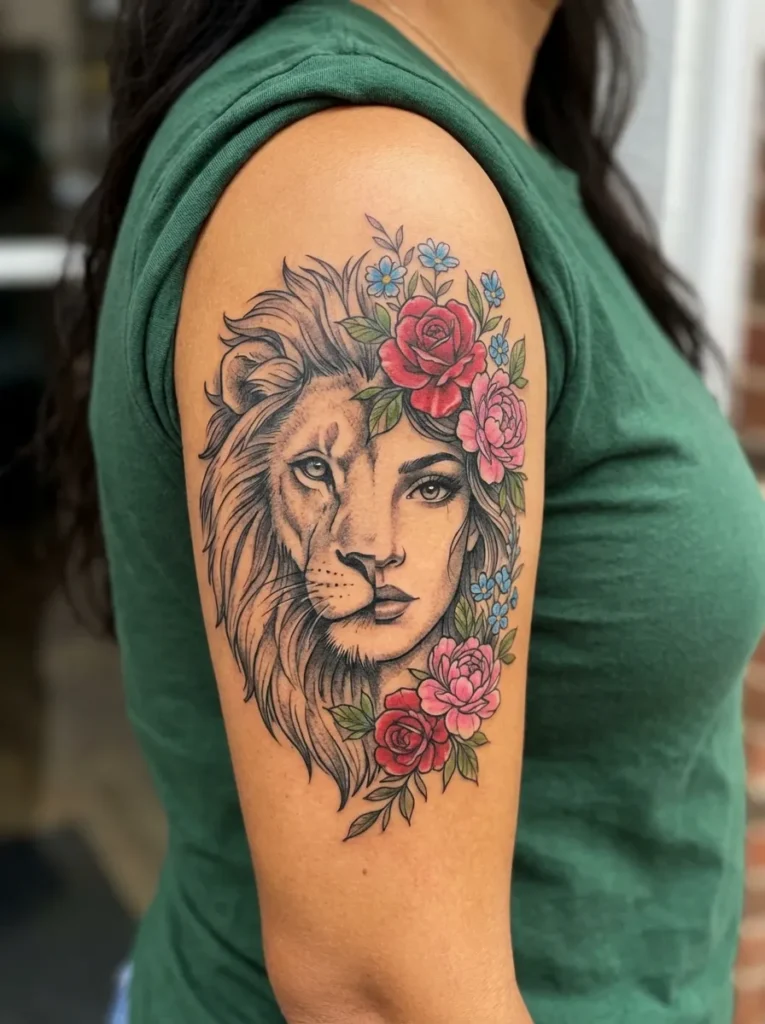 Half Lion Half Woman with Floral Elements
