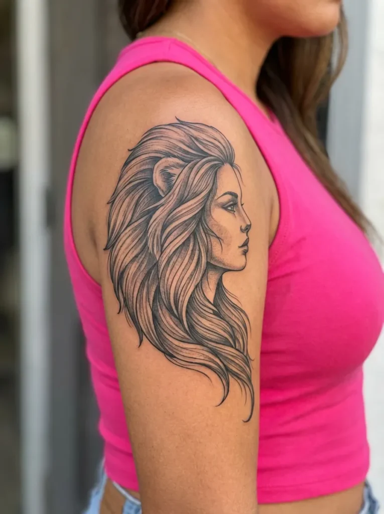 Half Lion Half Woman with Flowing Hair Blending into Mane