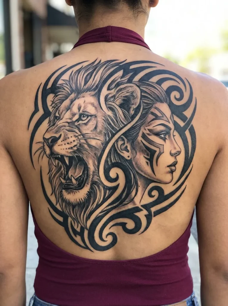 Half Lion Half Woman with Tribal Accents