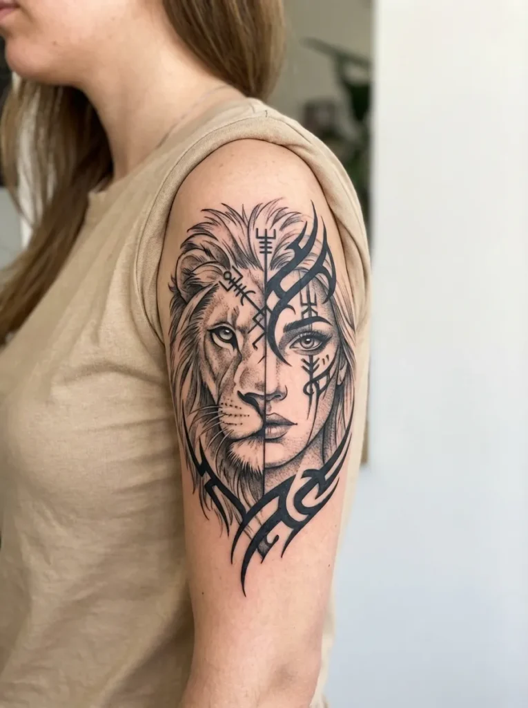 Half Lion Half Woman with Tribal Markings Across Face