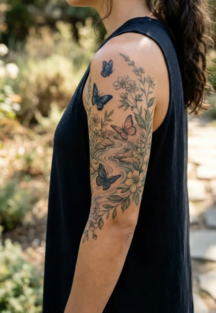 Half Sleeve Butterfly Tattoo with river and flowers