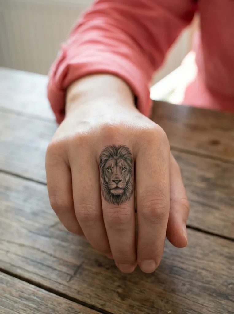 Hyper-Detailed Lion Head Finger Tattoo