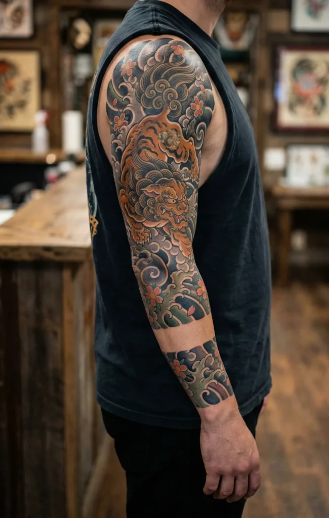 japanese Lion Full Sleeve Tattoo