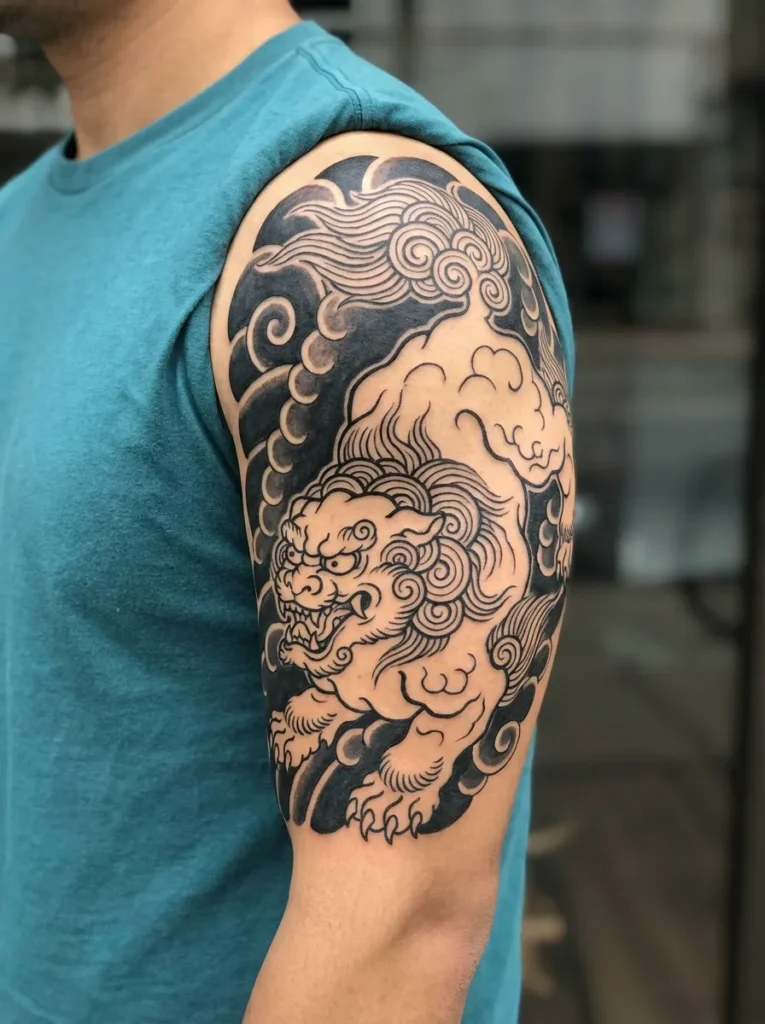 Japanese Lion with Bold Line and Shadow Work