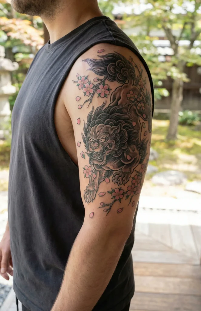 Japanese Lion with Cherry Blossom Accents