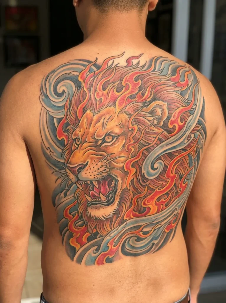 Japanese Lion with Fire and Wind Background