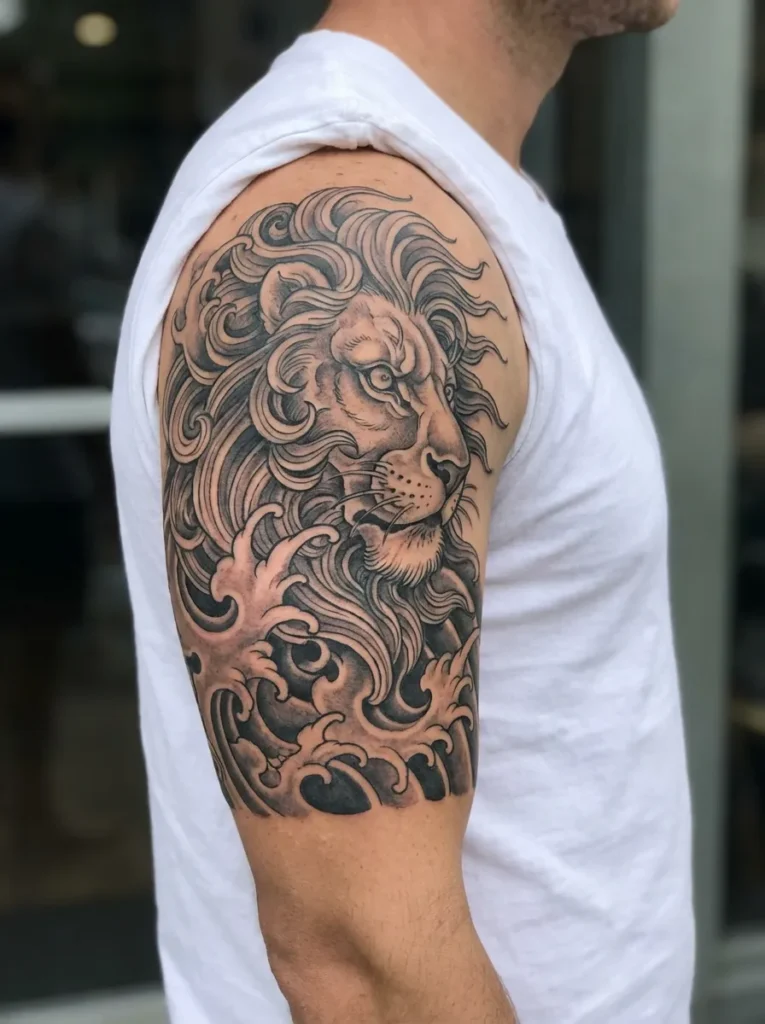 Japanese Lion with Flowing Mane and Waves