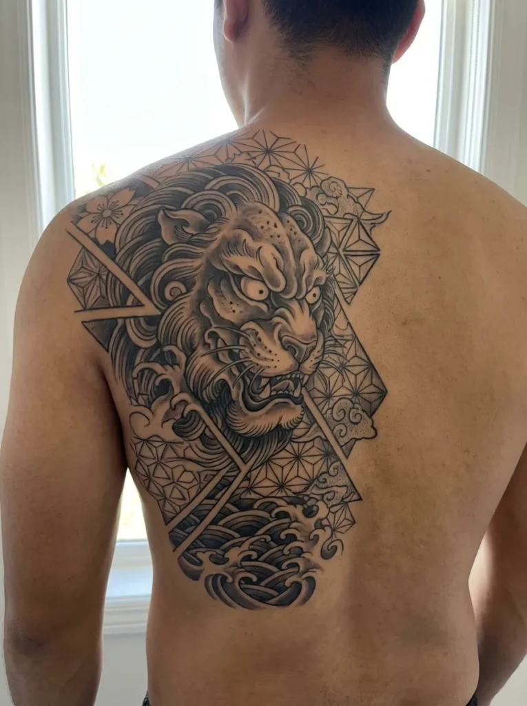 Japanese Lion with Geometric Japanese Patterns
