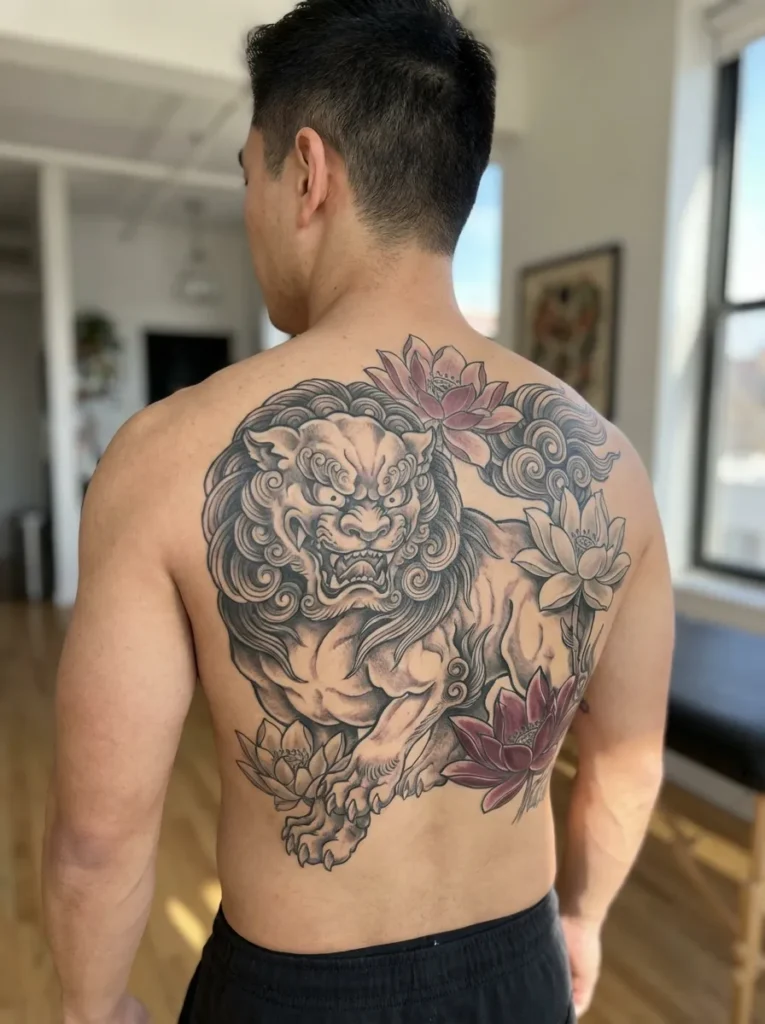 Japanese Lion with Lotus Flower Accents