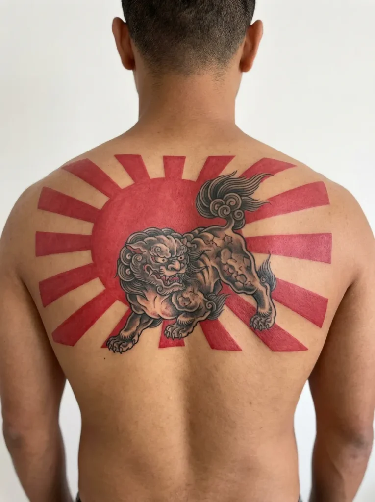 Japanese Lion with Rising Sun Background