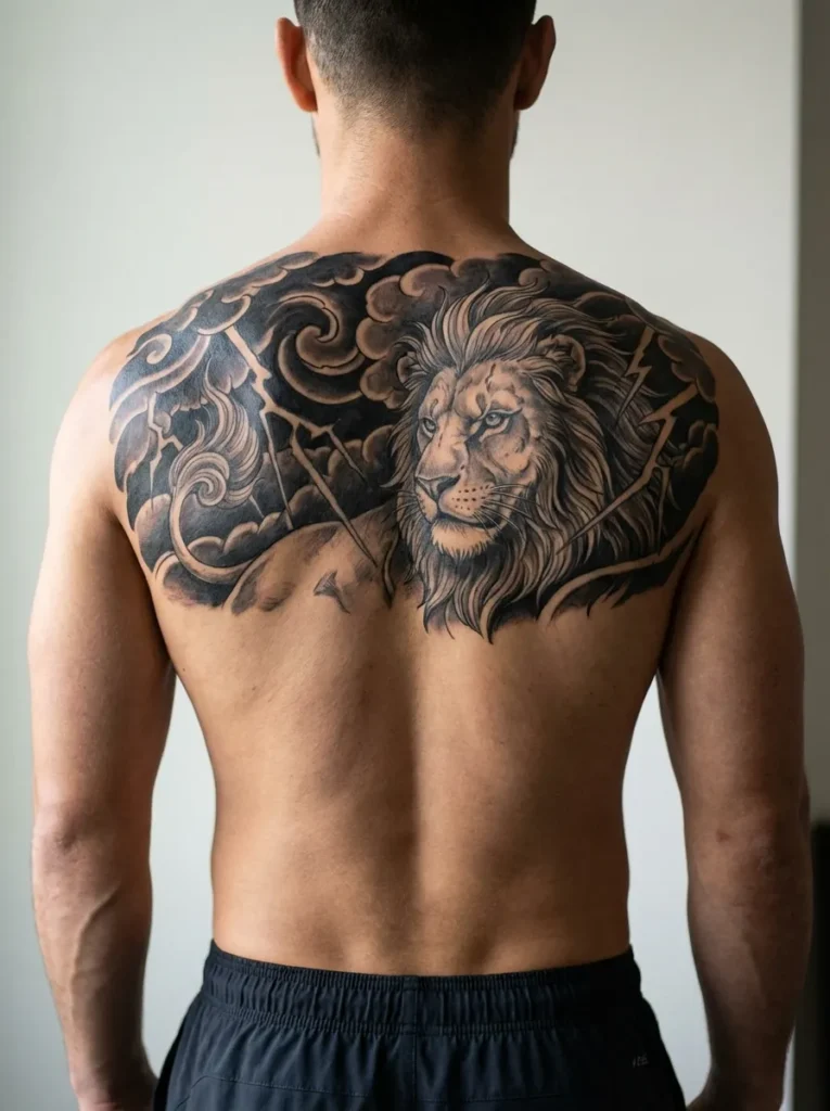 Japanese Lion with Stormy Sky Background