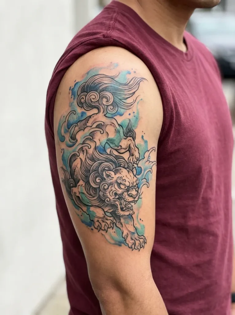 Japanese Lion with Watercolor Wave Accents