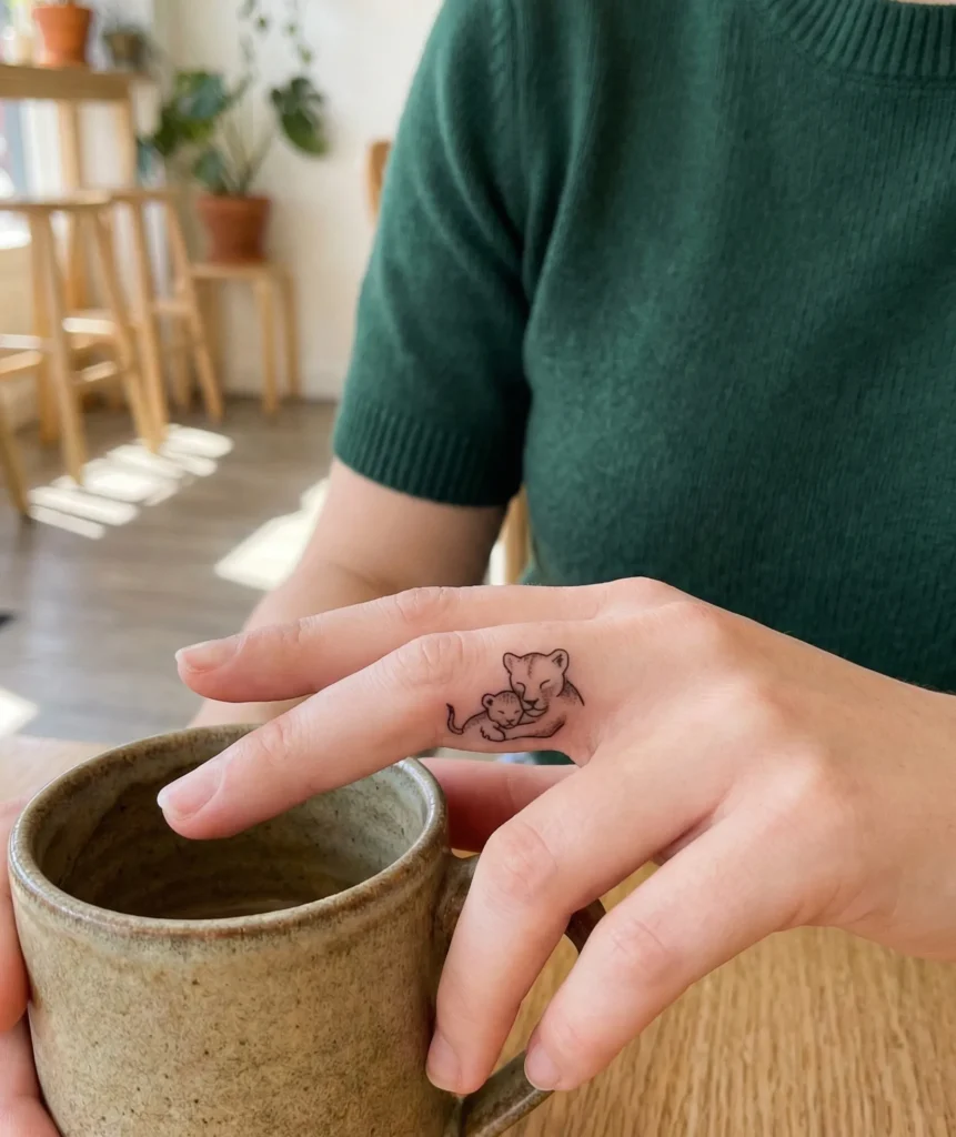 Lion & Cub Tiny Finger Tattoo