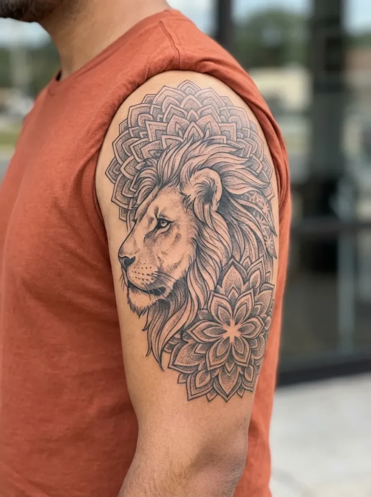 Lion Profile Blended into Geometric Mandala