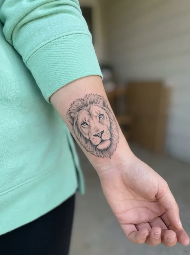 Lion Wrist Tattoo with Calm Yet Fierce Expression