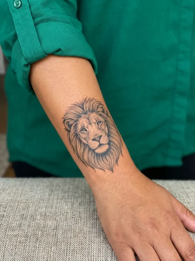 Lion Wrist Tattoo with Dotwork Mane