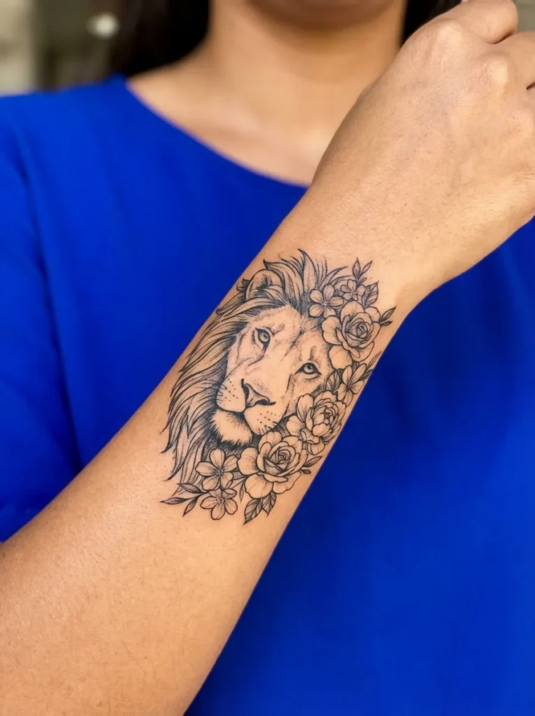 Lion Wrist Tattoo with Floral Accents