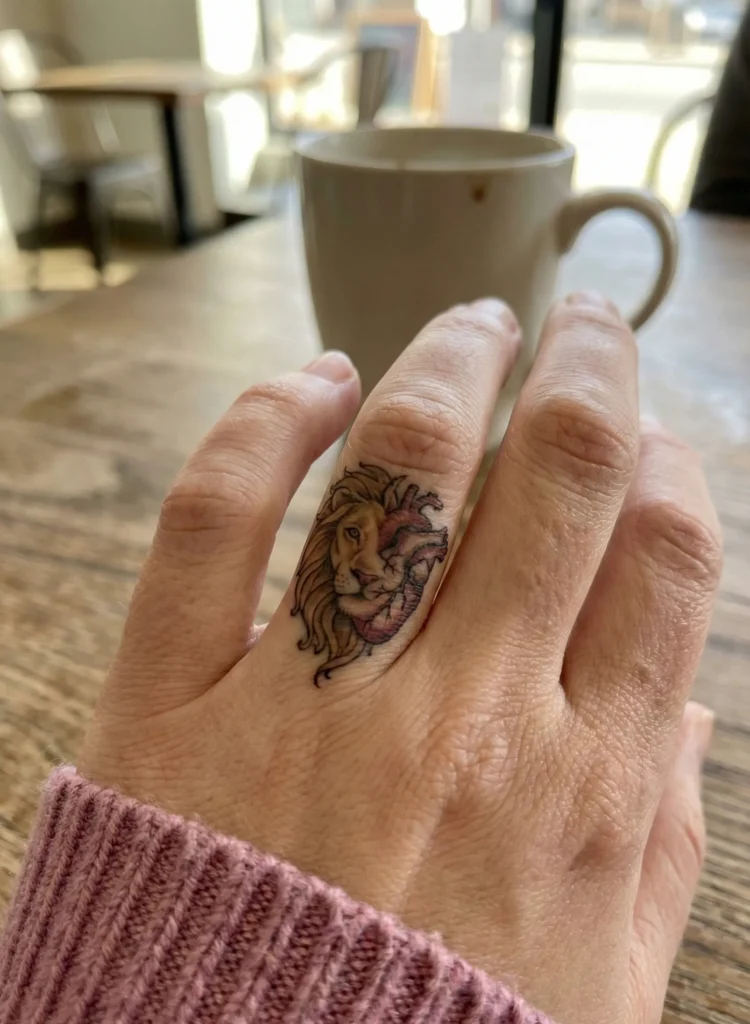 Lion and Heart Finger Tattoo