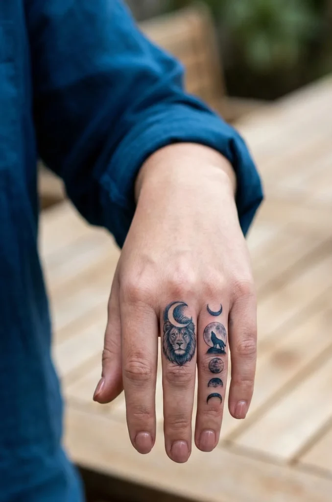 Lion and Moon Finger Tattoo