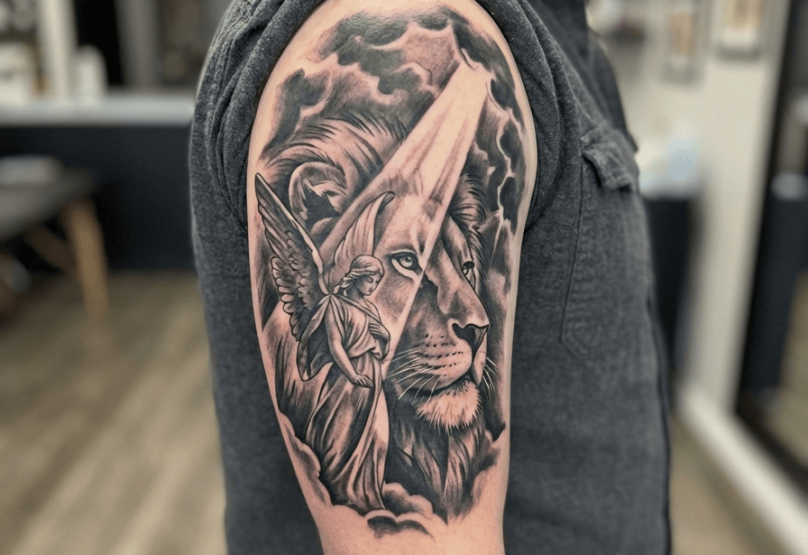 Lion with Angel Tattoo Designs
