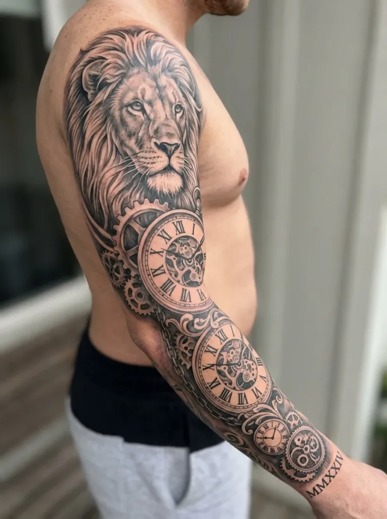 Lion with Clock Sleeve Tattoo