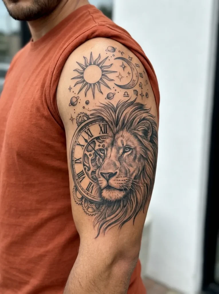 Lion with Clock and Celestial Elements (Sun & Moon)