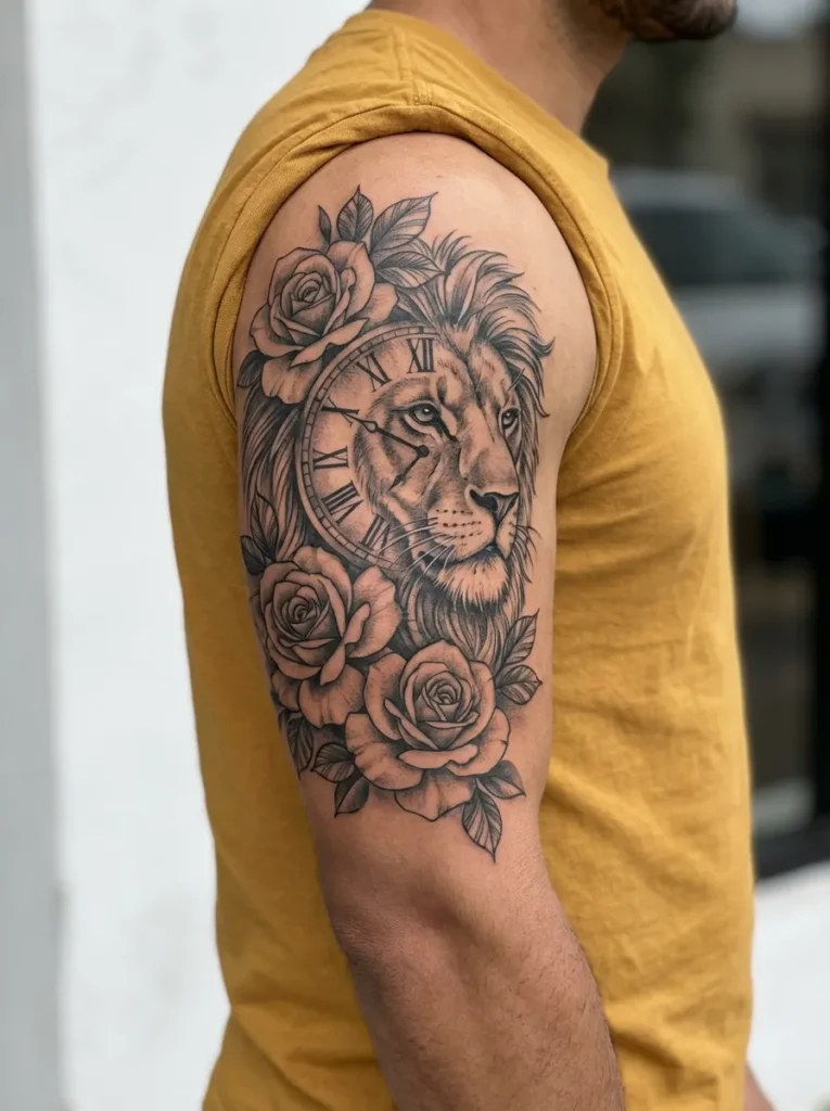 Lion with Clock and Floral Accents