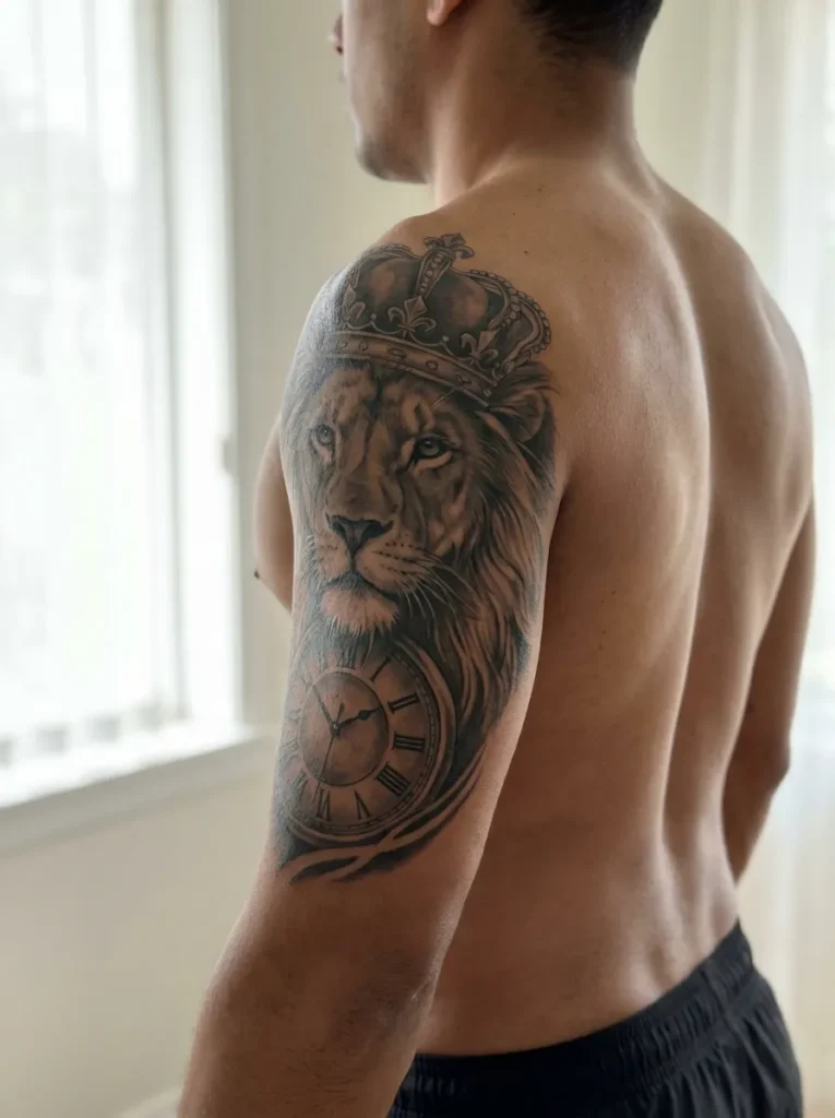 Lion with Crown and Clock Tattoo