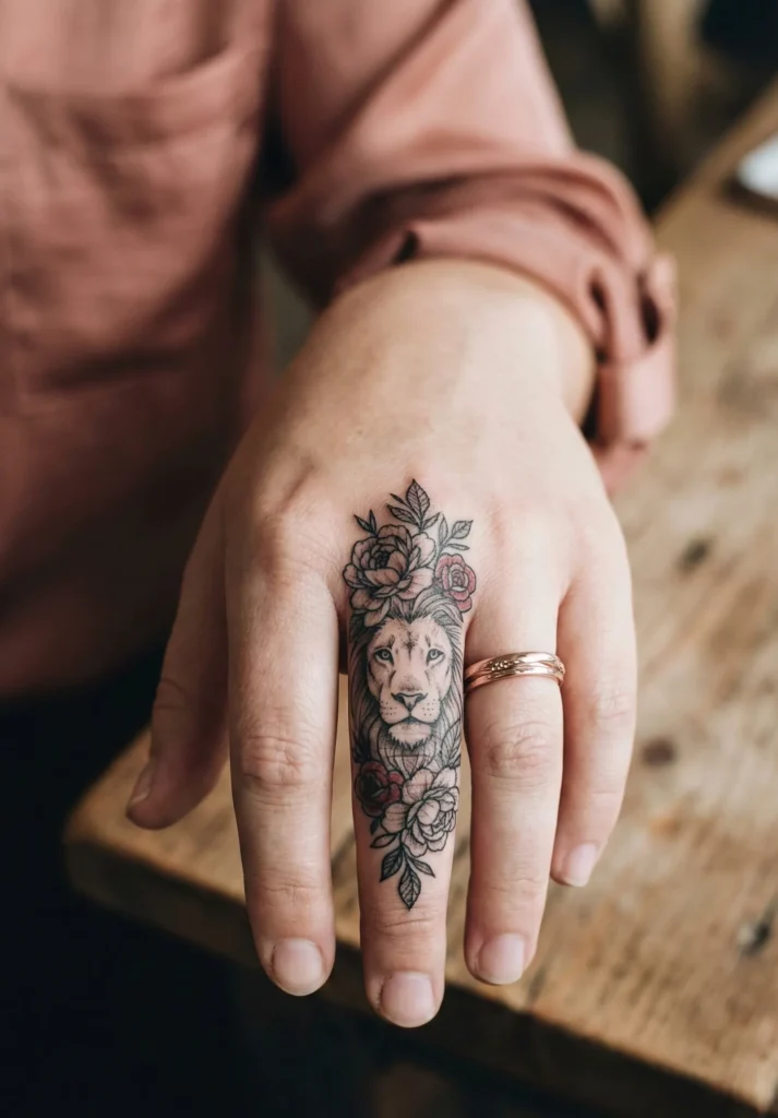 Lion with Floral Details Finger Tattoo