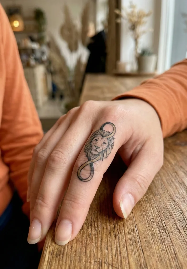 Lion with Infinity Loop Finger Tattoo