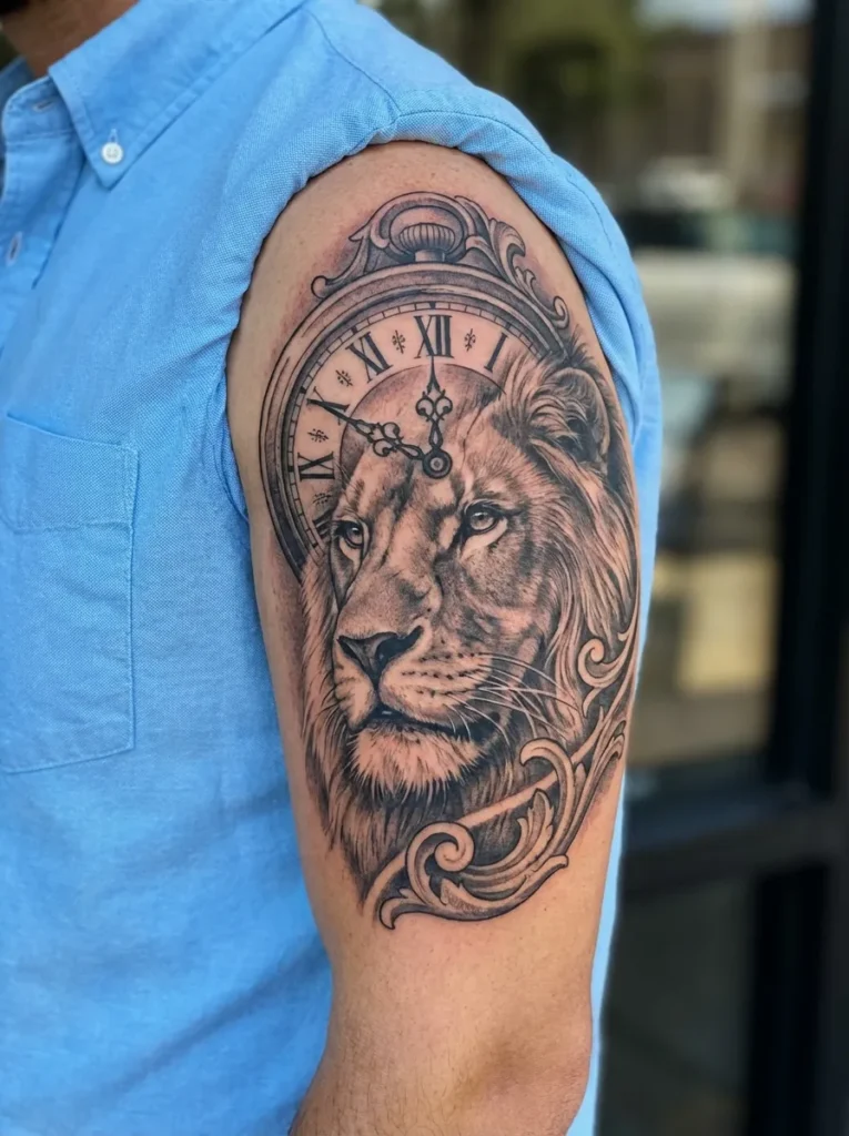  Lion with Vintage Clock and Roman Numerals