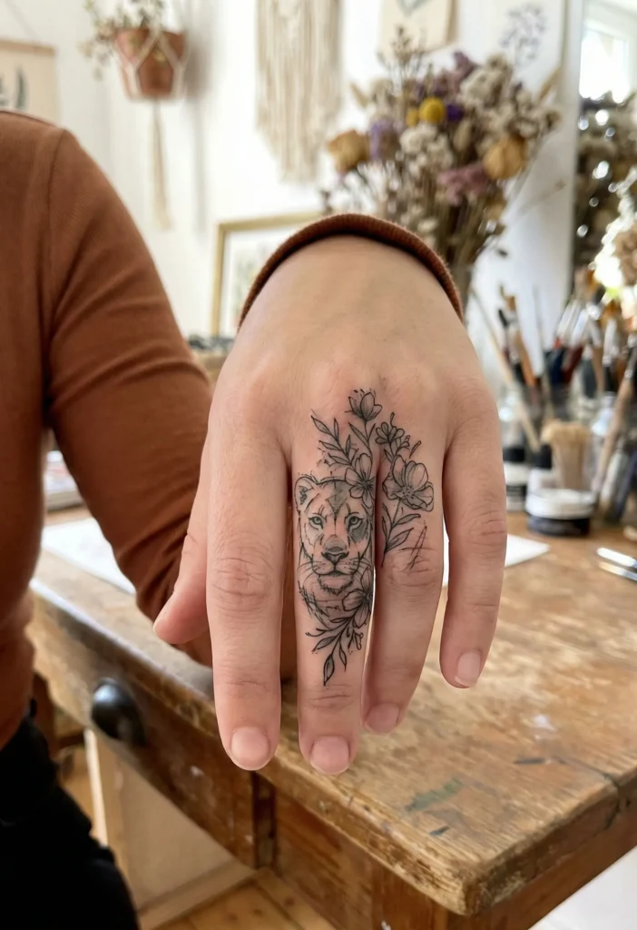 Lioness Sketch with Florals Finger Tattoo