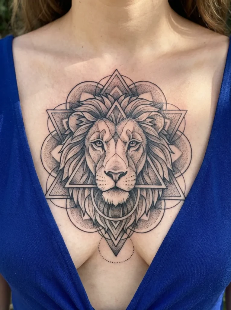 Mandala Lion Chest Tattoo with Layered Geometry
