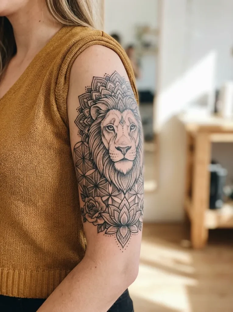 Mandala Lion Framed in Floral Geometry