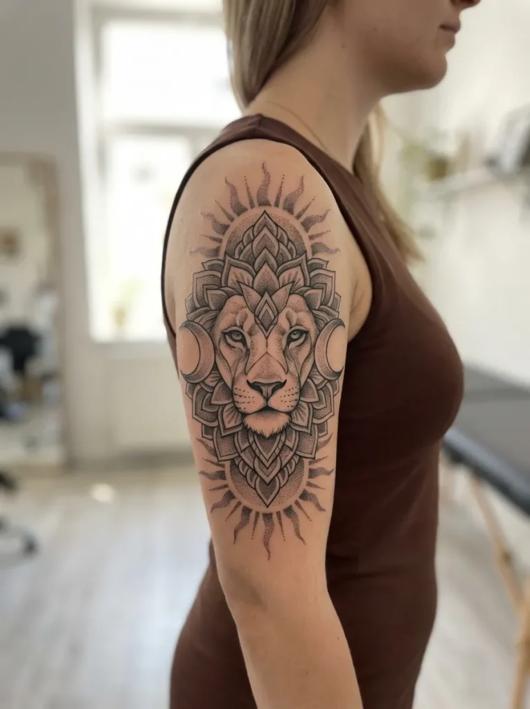 Mandala Lion Fused with Sun and Moon Elements
