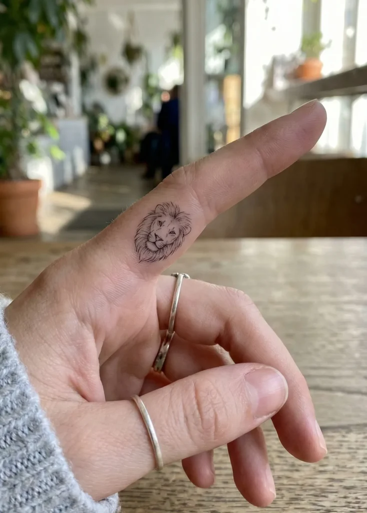 Miniature Lion Head Finger Tattoo (Fine Line)