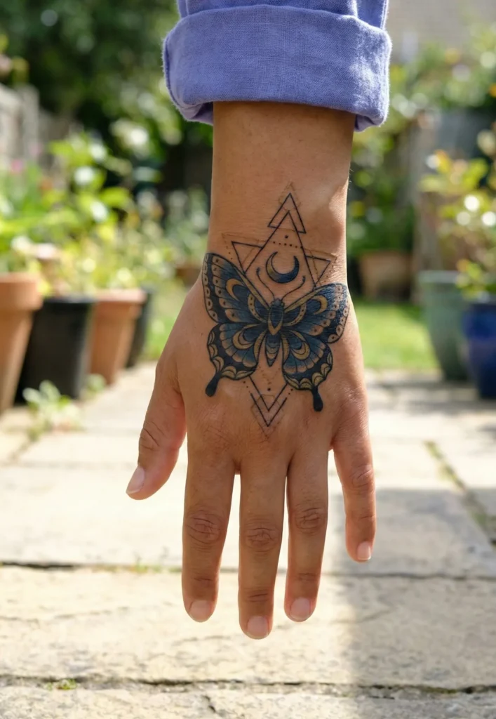 Neo Traditional Butterfly Tattoo with Geometric Accents