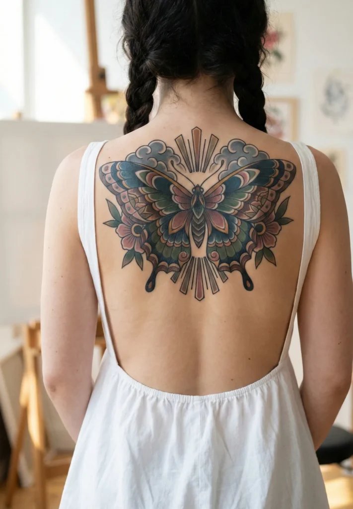 Neo Traditional Butterfly with Decorative Background