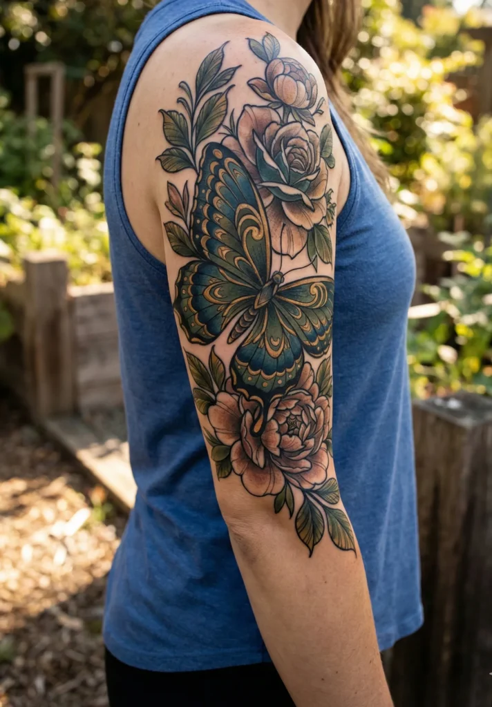 Neo Traditional Butterfly with Floral Accents