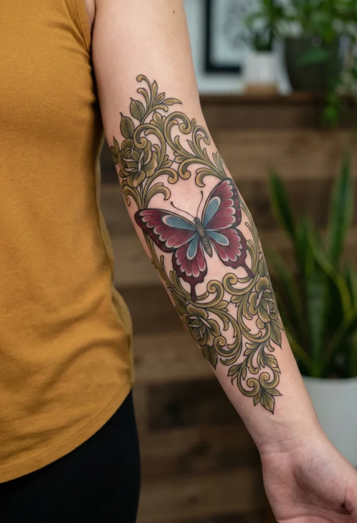 Neo Traditional Butterfly with Floral Border Elements